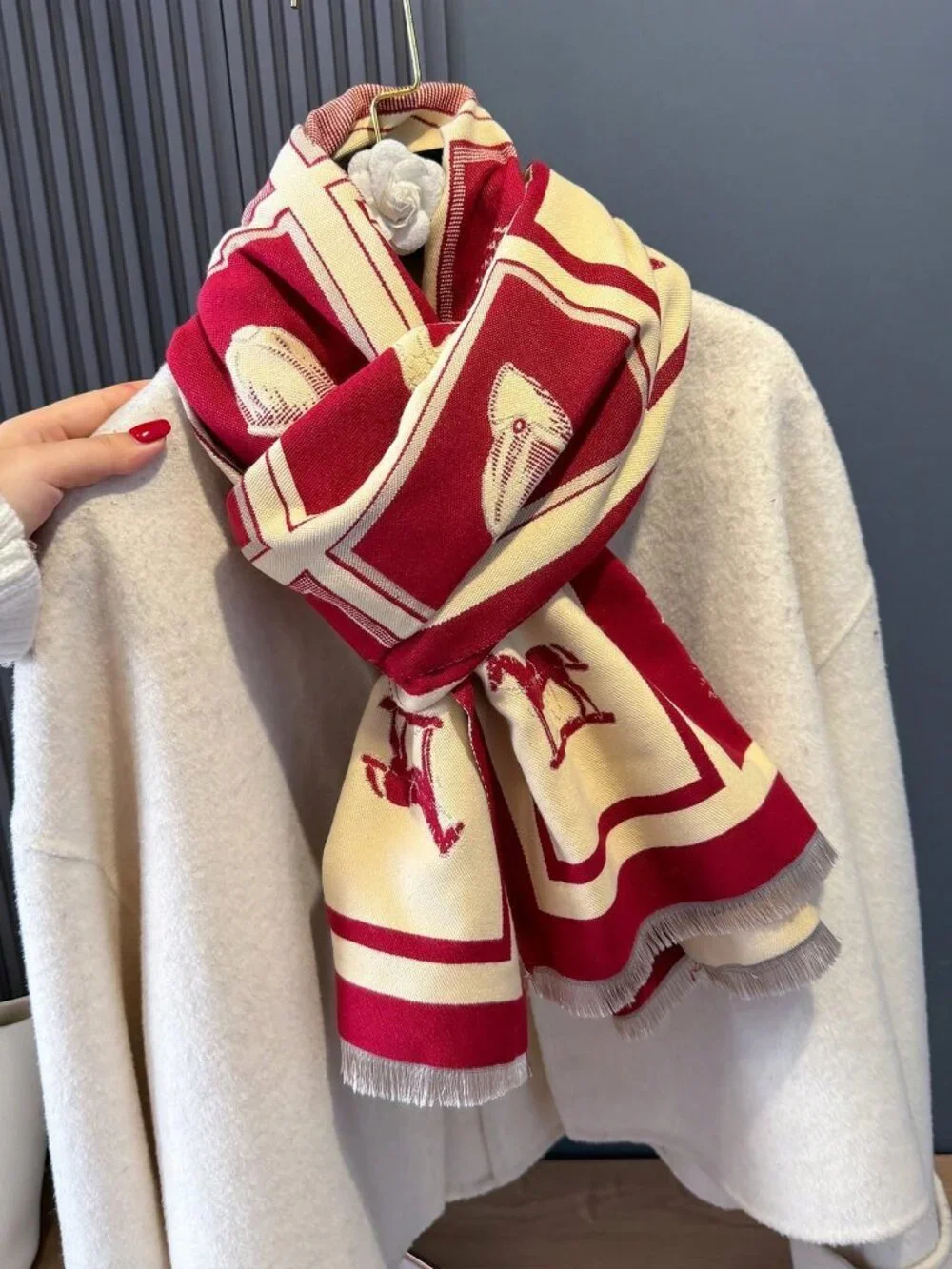 Red Elegant Women's horse Animal Jacquard Warm Scarf